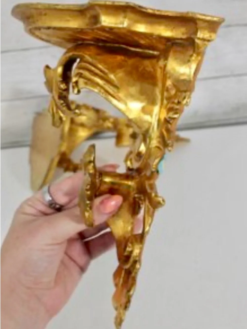 Antique Italian Rococo Style Wall Bracket Shelves Carved Wood Gold Gilded Set 2